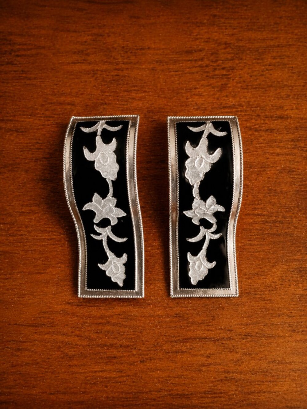 Vintage 925 Sterling Silver Curved Black Enamel Statement Earrings
